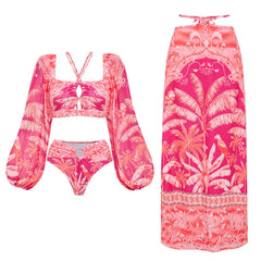 Tropical print long sleeve crop top and high waist briefs swimwear set