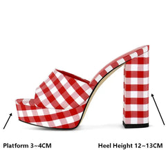 Gingham Platform Block Heel Sandals