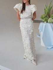 White Embroidered Flare Top And Midi Skirt with Crystal Embellishment Set