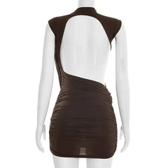Draped Mock Neck Open Back Mini Dress