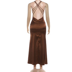 Deep V-neck Lace Patchwork Backless Satin Maxi Dress