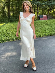 Patchwork Satin Lace Maxi Dress – Elegant V-Neck Evening Gown