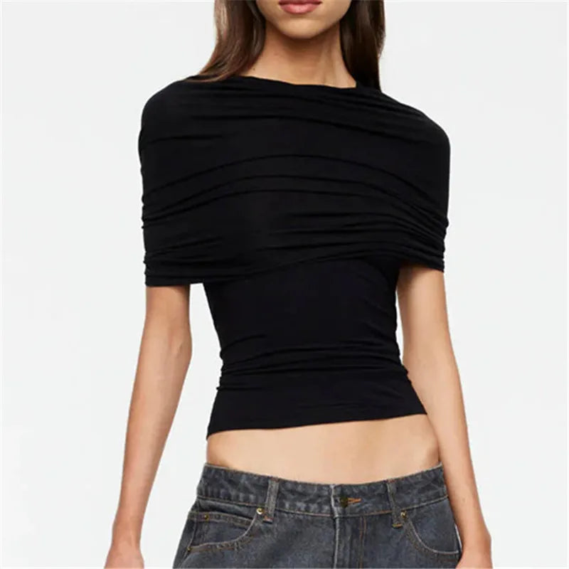 Black ruched cape sleeve crop top