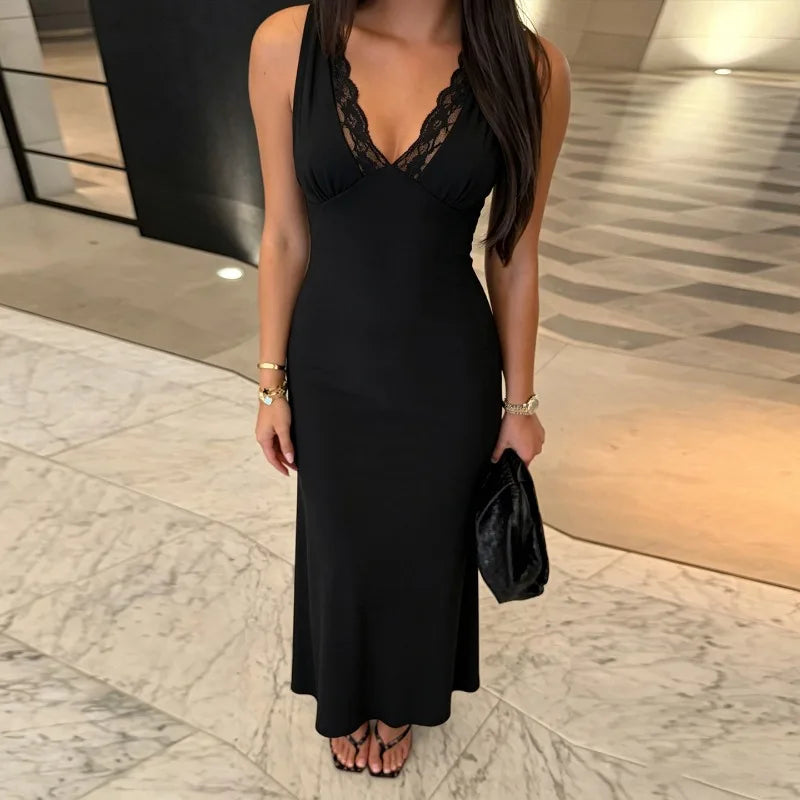 Close-up of black lace trimmed v-neck maxi dress