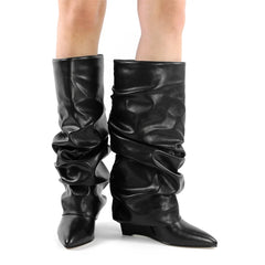 Camouflage Pleated Wedge Knee High Boots