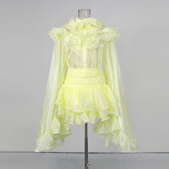 Yellow High Neck Long Sleeve Ruffle Top and Mini Skirt Set