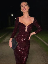 Burgundy off shoulder mesh sequin maxi gown.