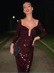Burgundy off shoulder mesh sequin maxi gown.