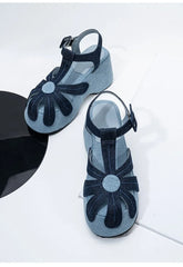 Denim Platform Flower T Strap Sandals