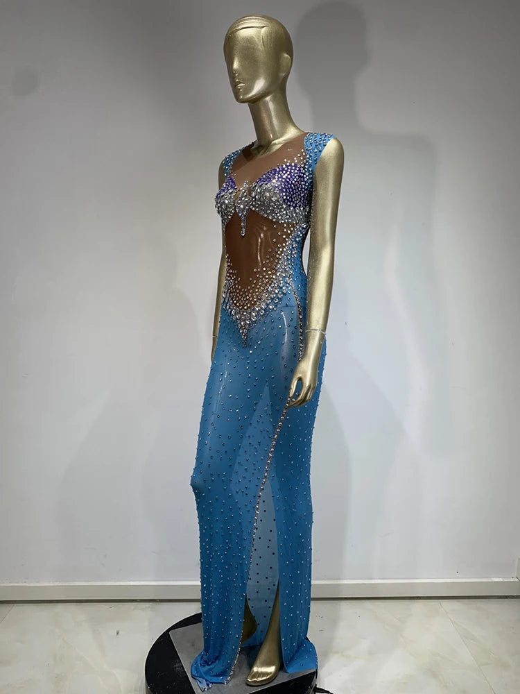 Rhinestone mesh column dress side profile
