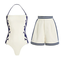 Striped Halter Bow Bikini Top and High-Waisted Shorts Set