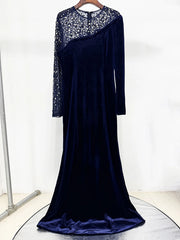 Blue Velvet Sheath Gown with Beaded Mesh Sleeves
