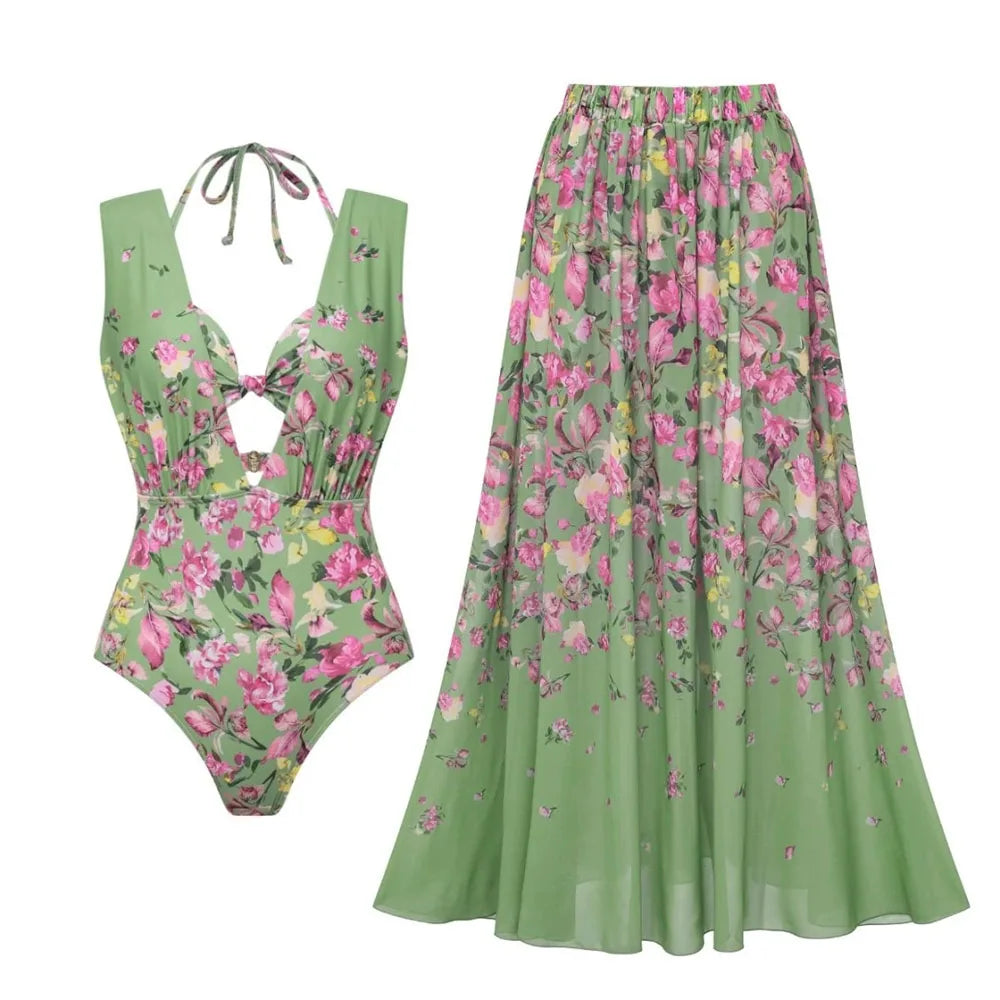 Green floral print V-neck bodysuit and maxi skirt set
