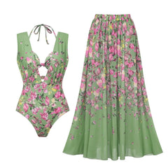 Green floral print V-neck bodysuit and maxi skirt set