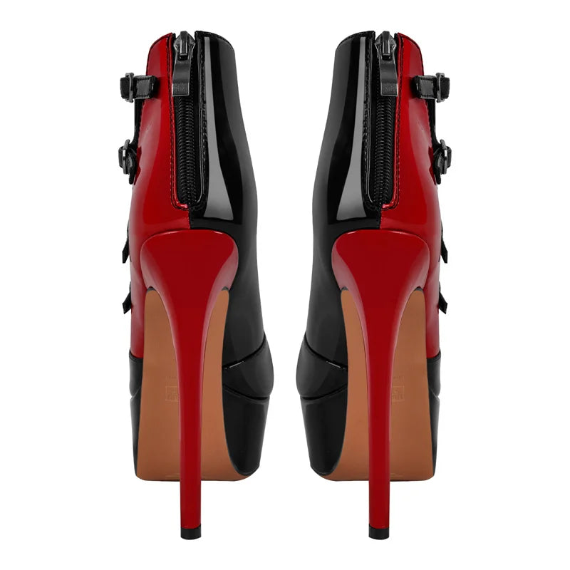 Rear view of peep toe platform ankle boots with red and black patent leather and stiletto heels