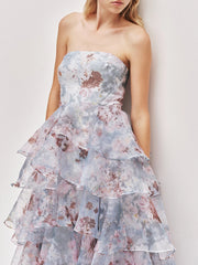 Floral print strapless ruffle maxi dress detail view