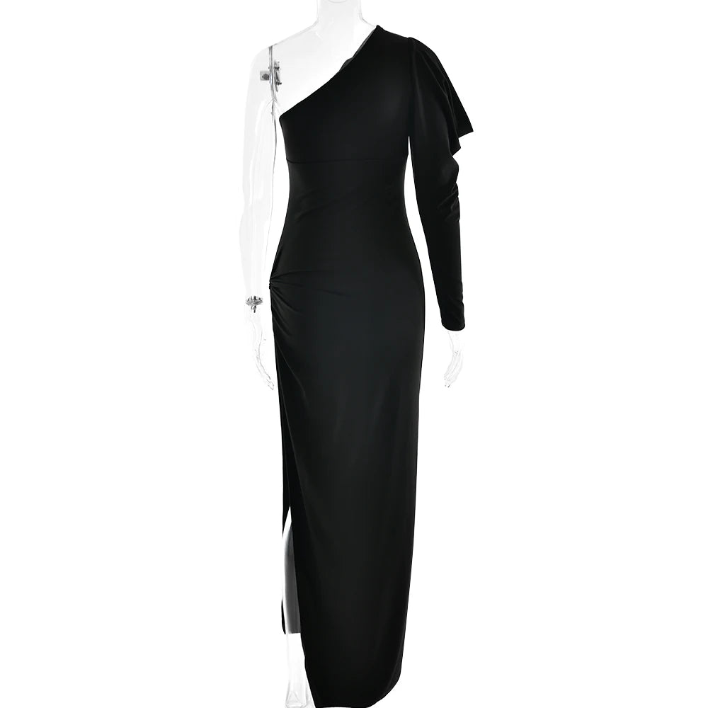 Black one-shoulder dress on a mannequin against a white background