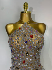 Close-up of halter neck crystal embellished mesh dress bodice