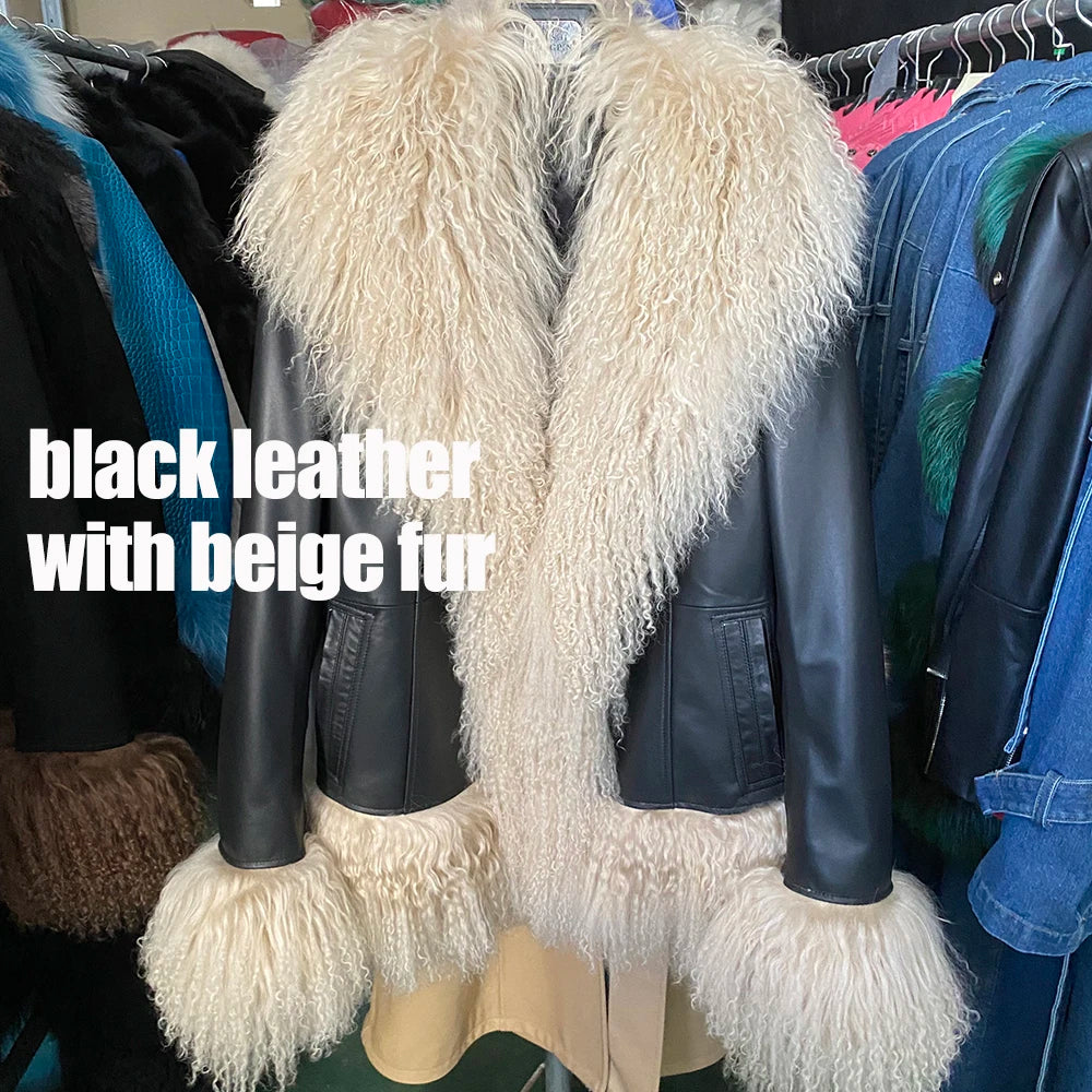 Black leather jacket with beige fur on a mannequin against a clothing rack background.