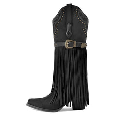 Denim Fringe Chunky Heel Boots
