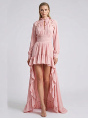 Back view of pink high-low hem dress with long sleeves