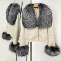 Cream cropped jacket with silver fox fur collar and cuffs