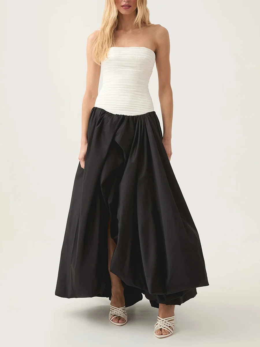 Elegant black and white ruched evening gown