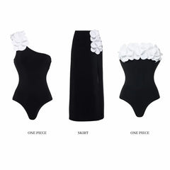 Strapless Swimsuit and High-Waist Maxi Skirt Set with Floral Appliqués