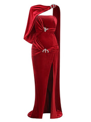 Red Velvet One-Shoulder Draped Gown with High Split