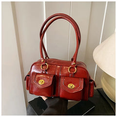 Microfiber Leather Vintage Pocket Satchel – Black & Burgundy