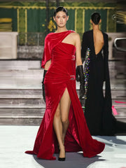 Red Velvet One-Shoulder Draped Gown with High Split