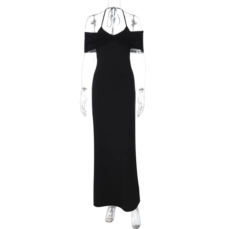 Black off-shoulder dress on a mannequin against a white background