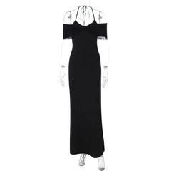 Black off-shoulder dress on a mannequin against a white background