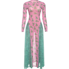 Pink and green dress with a pattern on a white background