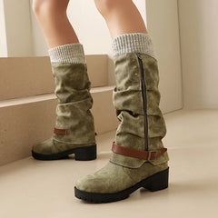 Knit Cuff Faux Leather Buckle Riding Boots