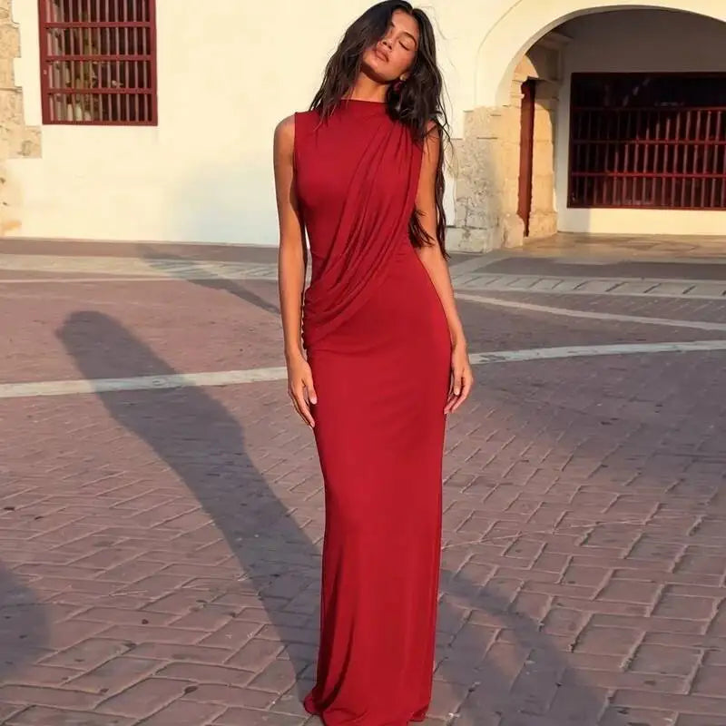 Red draped ruched maxi dress with high neck
