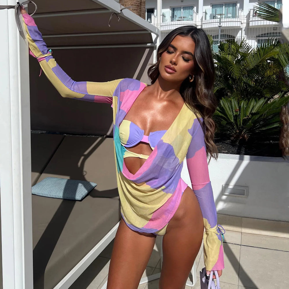 Abstract print draped cover-up with matching one-piece swimsuit