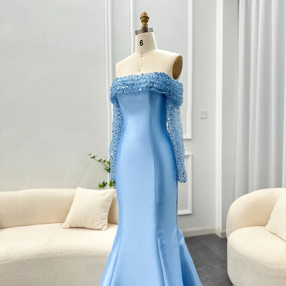 Blue evening gown on a mannequin against a neutral background