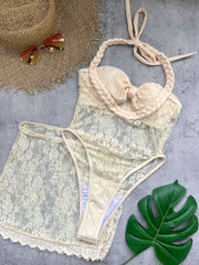 Lace Bow Detail Swimsuit and Skirt Beachwear