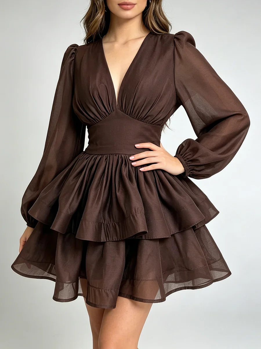 Brown V-neck puff sleeve tiered mini dress