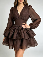 Brown V-neck puff sleeve tiered mini dress