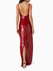 Red Deep V-Neck Sequin Gown