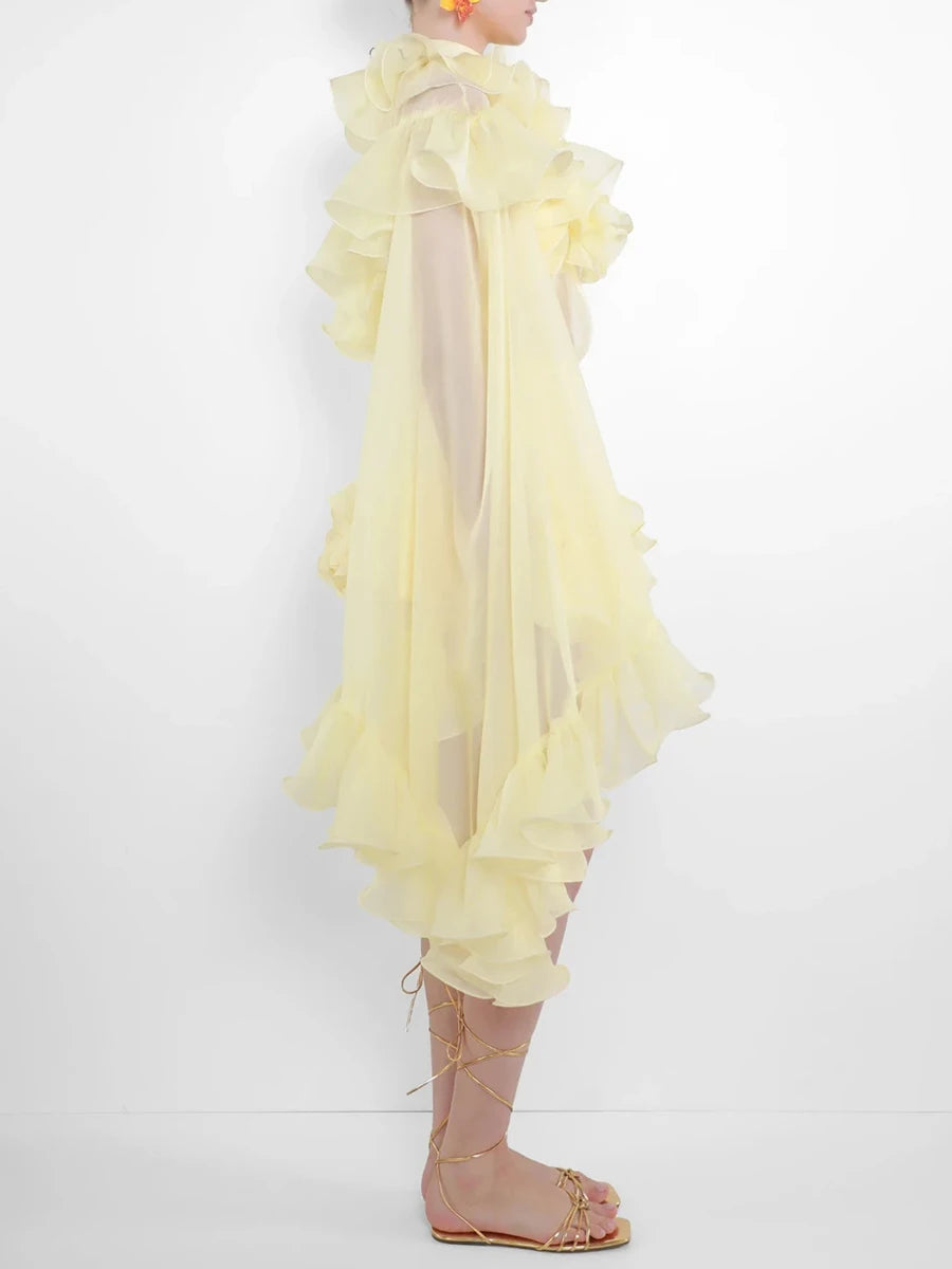 Side profile of sheer ruffle trim two-piece set