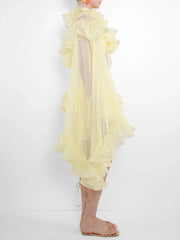 Side profile of sheer ruffle trim two-piece set
