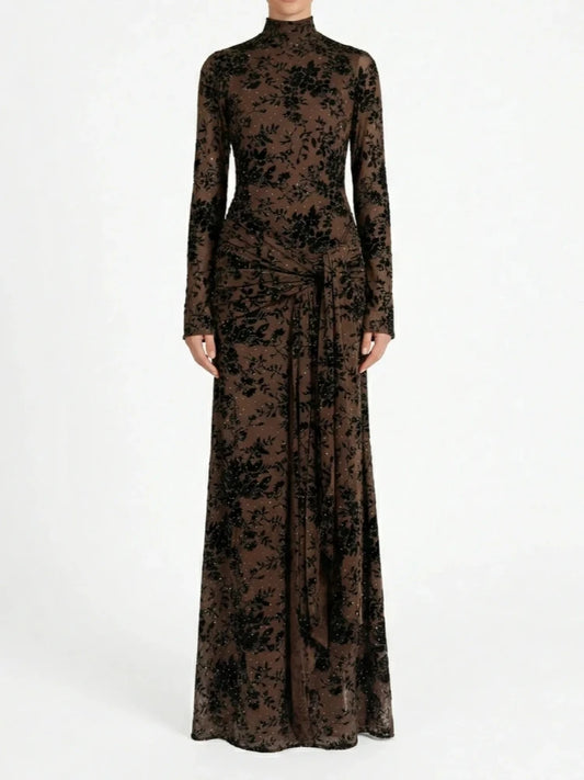 Long-sleeve dress with floral pattern on a white background