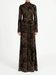 Long-sleeve dress with floral pattern on a white background