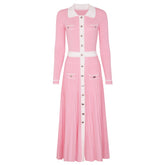 Pink collared colorblock pleated knit midi dress