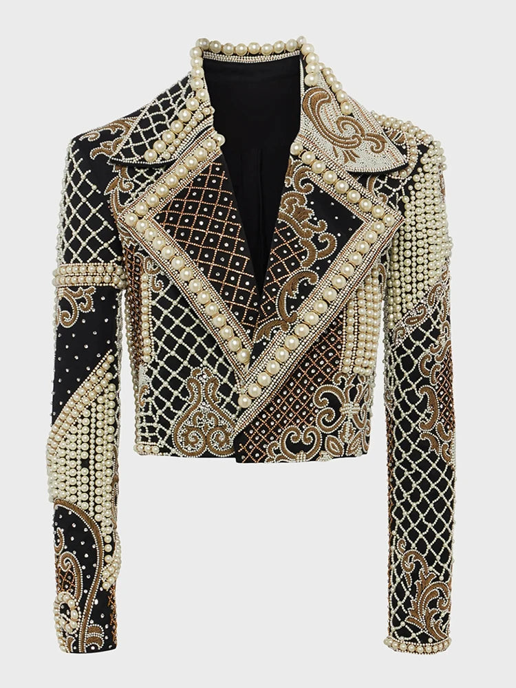 Beaded pearl embroidered cropped jacket studio view