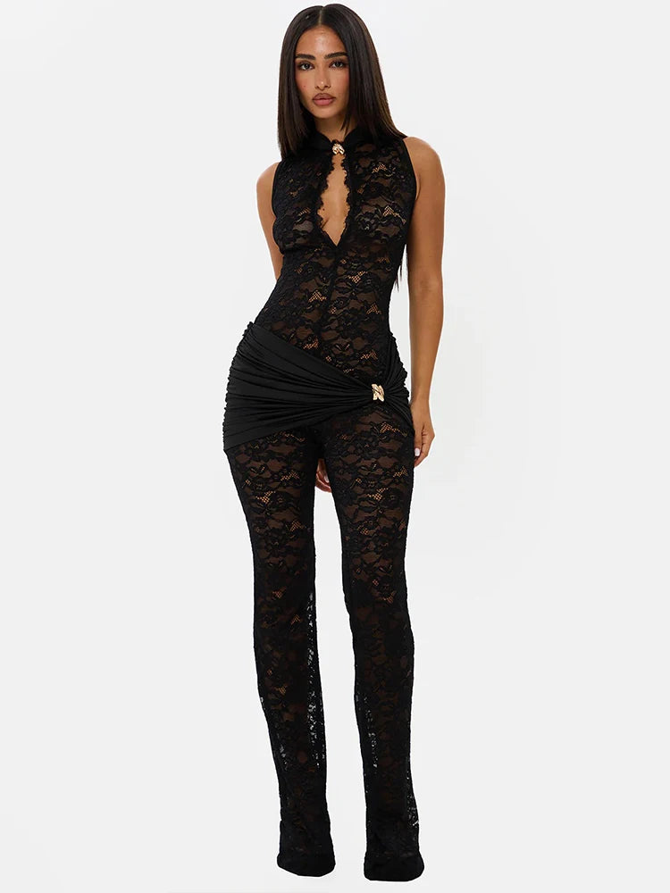 Black lace jumpsuit worn by a model