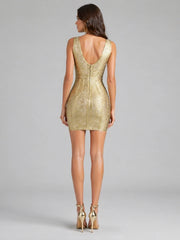 Deep V-Neck Sleeveless Gold Bandage Cocktail Dress